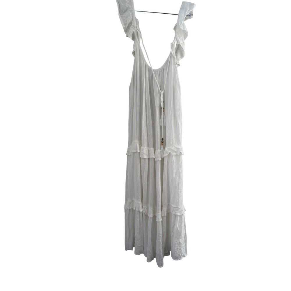 Blue Island White Boho Maxi Dress Small Swiss Dot Tiered Tassel Rayon 7460-267‎ - Picture 2 of 7